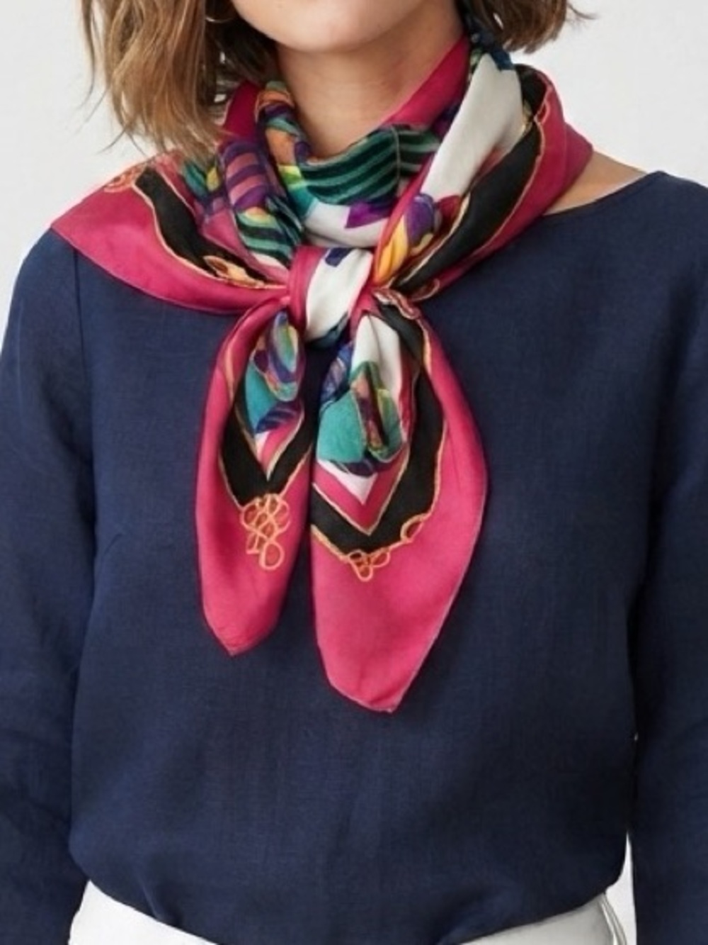1980's 90’s Ginnie Johansen 32" x 34" Square Cotton Scarf Rowboats Fuchsia